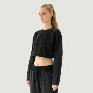 260 GSM GET RICH OR DIE BROKE WOMEN'S RAW HEM LONG SLEEVE CROP TOP