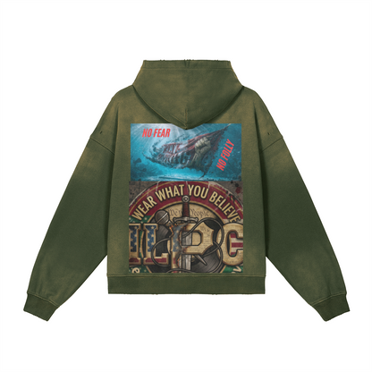 **BRAND NEW** 440GSM Unisex Sun Faded Distressed Full-zip Hoodie