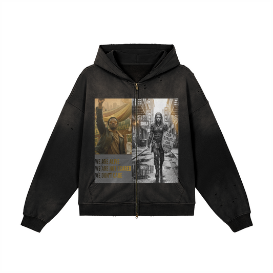 **BRAND NEW** 440GSM Unisex Sun Faded Distressed Full-zip Hoodie