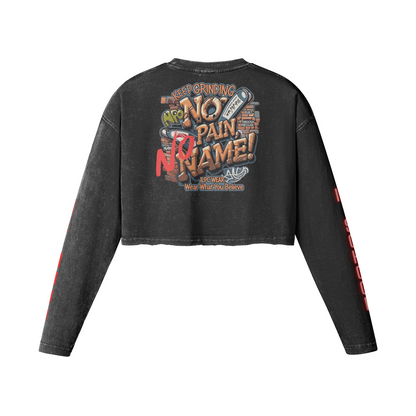 260 GSM GET RICH OR DIE BROKE WOMEN'S RAW HEM LONG SLEEVE CROP TOP