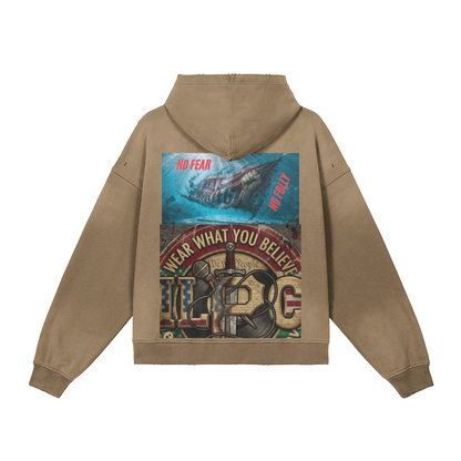 **BRAND NEW** 440GSM Unisex Sun Faded Distressed Full-zip Hoodie