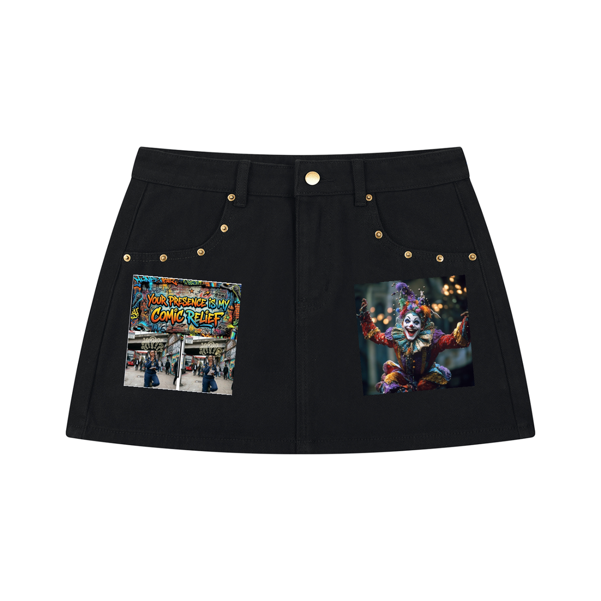 LAUGHING AT YOU (WOMEN'S SIZES) GOLD STUDDED DENIM MINI SKIRT (320 GSM)