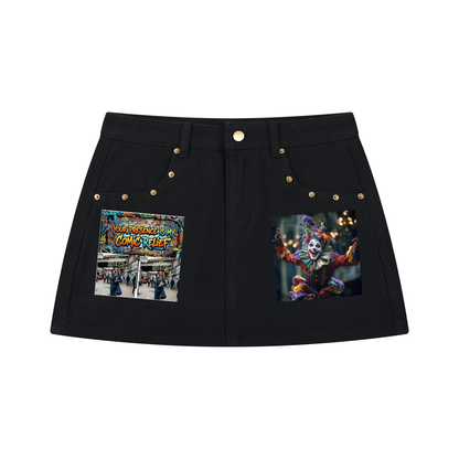 LAUGHING AT YOU (WOMEN'S SIZES) GOLD STUDDED DENIM MINI SKIRT (320 GSM)